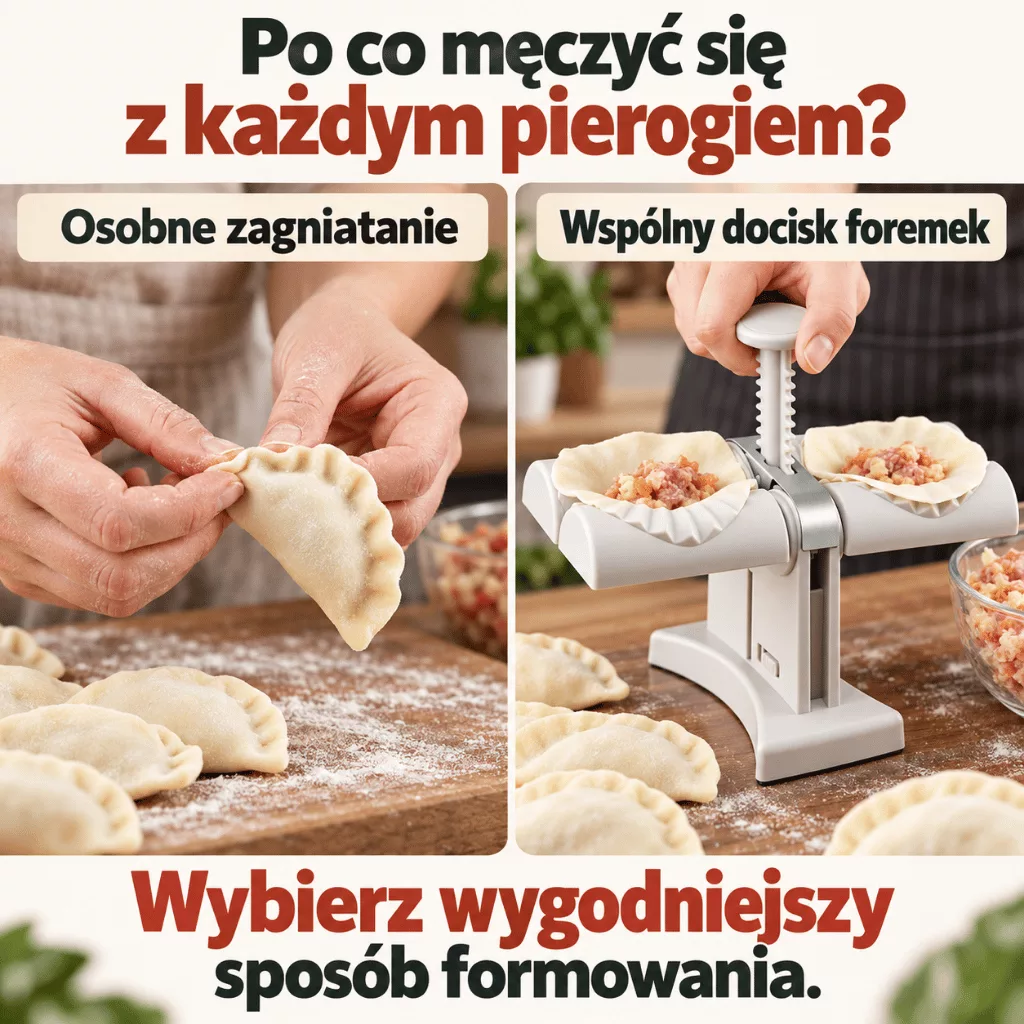 Jedna grafika porównująca ręczne lepienie pierogów z formowaniem przy użyciu PieroDuo